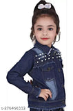 Dark denim 3-patti jacket for kids girls, dyed/washed pattern