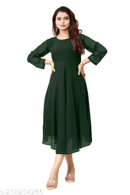 Green Georgette long sleeve kurti, single-tone Indian daily wear for S (36-42in bust), M (38-42in bust), L (40-42in bust), XL (42-42in bust)