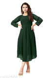 Green Georgette long sleeve kurti, single-tone Indian daily wear for S (36-42in bust), M (38-42in bust), L (40-42in bust), XL (42-42in bust)