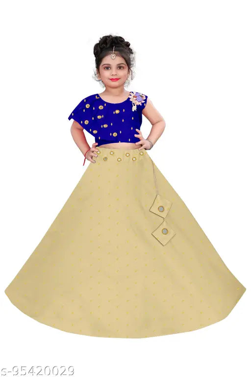 Taffeta silk sleeveless Jamnaba fashion lehenga, self-design with ethnic motif, stitched net material. 3-4 years size, waist: 24in, length: 24in. Indian handcrafted