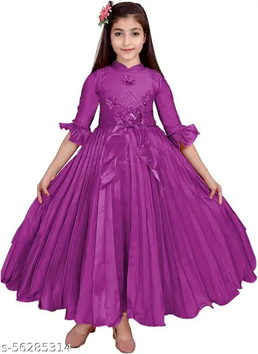 Embellished silk three-quarter sleeve kids ethnic gown, fancy party wear for girls aged 11-15 years. India origin