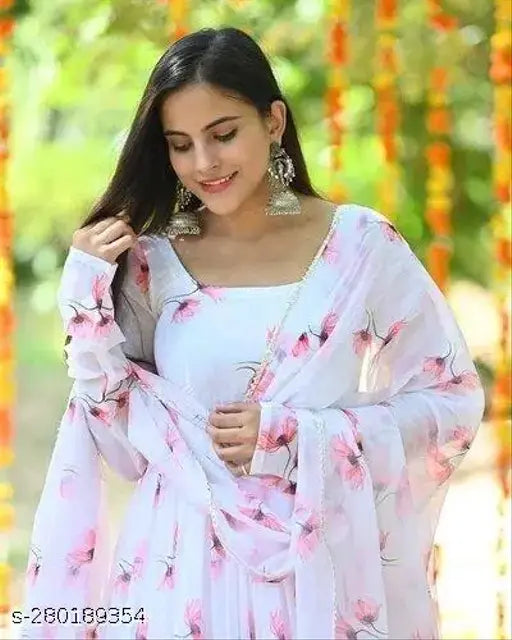 White & pink printed net georgette saree, Daisy design from India