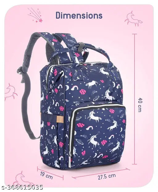 Unicorn blue fabric net diaper bag with 3-layered protection for mothers' maternity travel bags. Spacious pockets, insulated milk bottle holders, and secure anti-theft back pocket. Hand-washable, with adjustable cushioned straps and surreal trendy prints