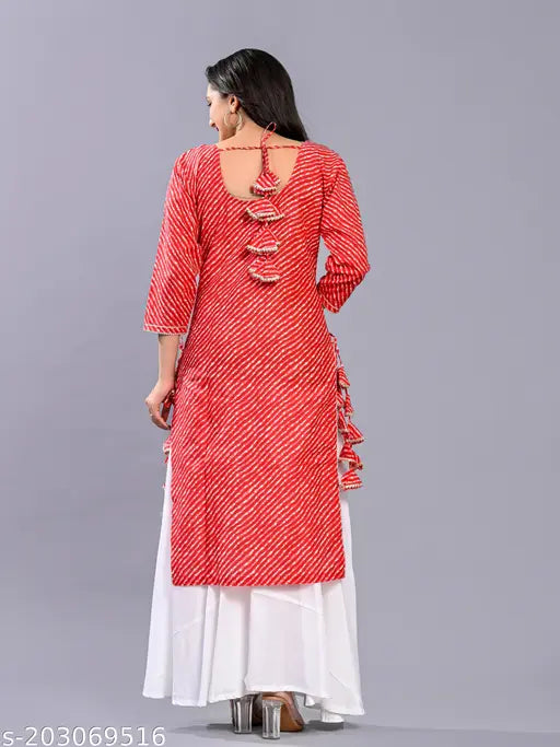 Red lehriya cotton kurta set with palazzo - Vibrant red traditional Rajasthani print, three-quarter sleeves, easy wash, all-day comfort for festivals and daily wear