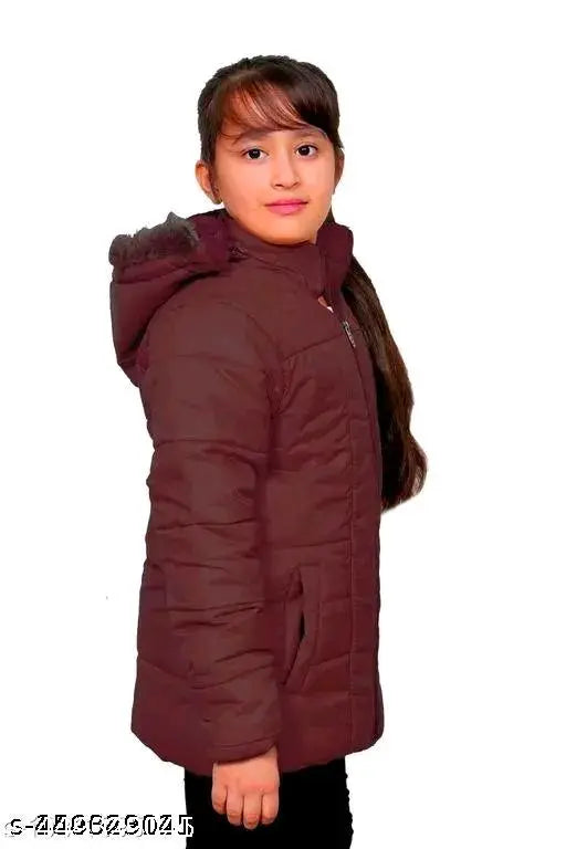 Maroon nylon baby girl's winter jacket, long sleeves, solid pattern. Baby winter wear in India