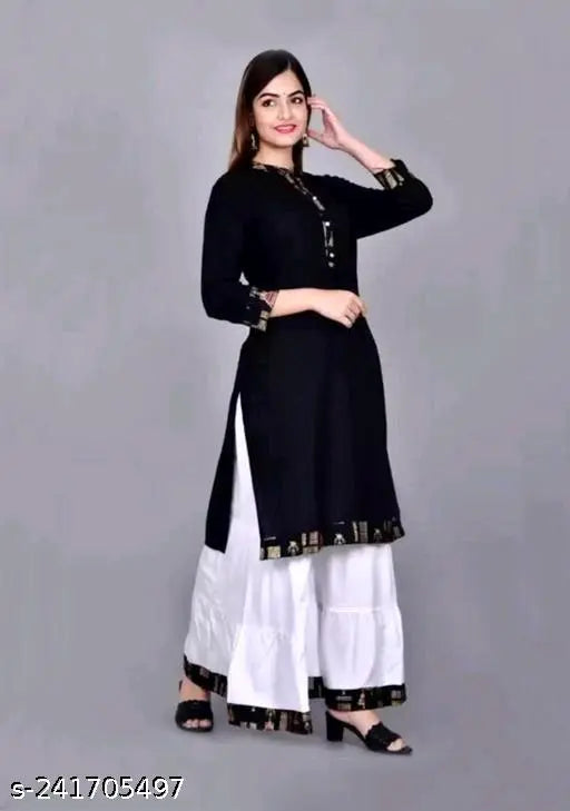 Black rayon kurti with white sharara set, high-demand fashionable Indian attire for women, three-quarter sleeves, sizes M to XXL