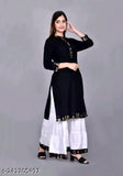 Black rayon kurti with white sharara set, high-demand fashionable Indian attire for women, three-quarter sleeves, sizes M to XXL