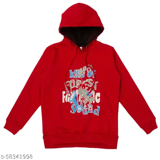 Red cotton kiddeo boys sweatshirt with full sleeves and printed design, perfect for sports or casual wear. Sizes available for 3-4 years, 7-8 years, and 9-10 years. Made in India
