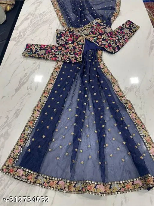 Blue Georgette embroidered saree with separate dupion silk blouse, Indian wedding attire for women