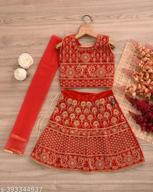 Velvet embroidered lehenga-choli for kids, India-origin baby attire with long sleeves