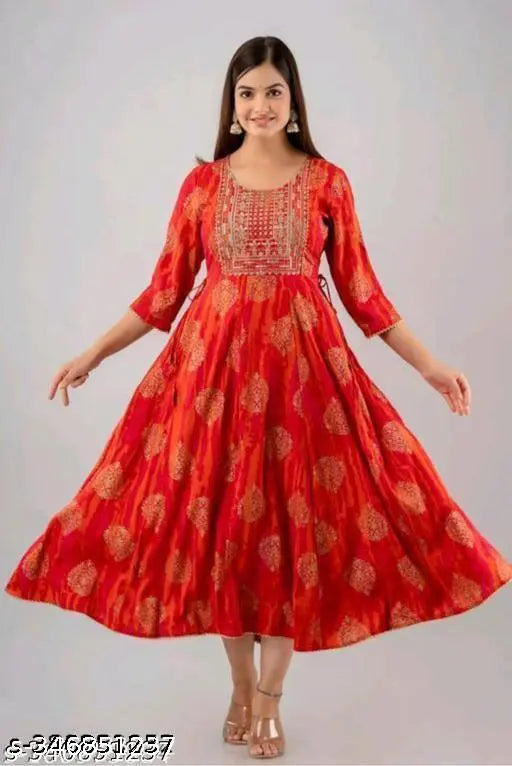 Red printed Rayon Anarkali Kurta with festival embroidery, three-quarter sleeves on fashion mannequin