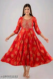 Red printed Rayon Anarkali Kurta with festival embroidery, three-quarter sleeves on fashion mannequin