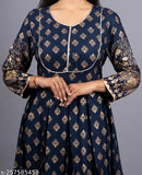 Blue Rayon Anarkali Long Kurta with Zari Print and 3/4th sleeves, ideal for casual occasions or gifting