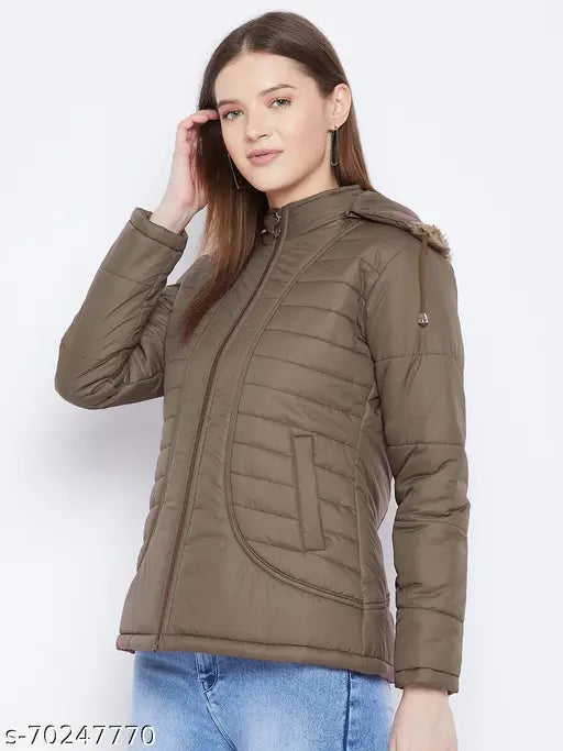 Olive polyester women's parka jacket, full sleeve, solid design, quilted with polyfill and detachable faux fur hood, India-made winter wear