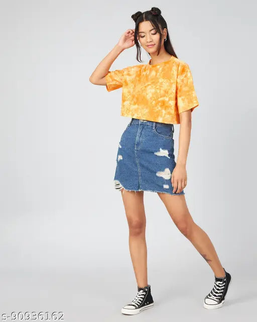 Regular yellow cotton t-shirt, dyed and washed, loose fit crop top for women, made in India