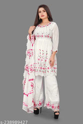 White embroidered Georgette top with Sharara and matching dupatta & bottomwear for women and girls, three-quarter sleeves