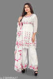 White embroidered Georgette top with Sharara and matching dupatta & bottomwear for women and girls, three-quarter sleeves