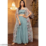 Georgette women's trendy top & bottom set with three-quarter sleeves, Indian origin fashion on model