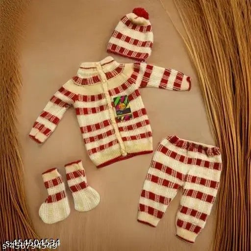 Cozy wool striped baby knitwear set: sweater, pants, hat, booties (0-12 months), handmade in India