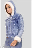 Stylish long-sleeve solid denim huddy jacket for women, XS (bust 32", length 21"), made in India