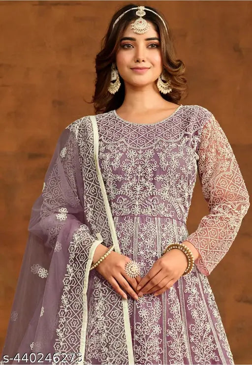 White embroidered net KOUTQI gown up to 2XL with dupatta, Indian bridal wear