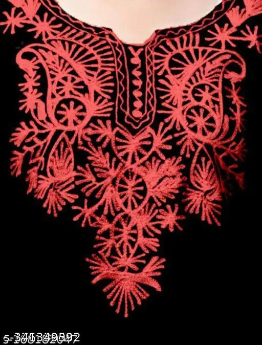 Stylish woolen Aari work kurti in solid combo, three-quarter sleeves, perfect for winter wear. Premium wool, intricate embroidery, and versatile styling make it a must-have ethnic piece