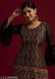 Black sequins georgette designer salwar suit dupatta set, embellished black kurta with heavy sequins and multi-color threadwork paired with tiered sharara pants, Indian fashion attire for women