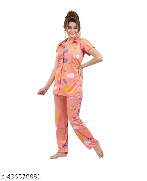 Digital printed satin night suit dress, women's sarina style in short sleeves, India-made