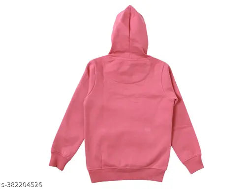 Pink fleece hoodie for kids, cotton blend, long sleeves, printed net design. Full sleeves fleece sweatshirt on hangar for kids, sizes 3-4 years to 13-14 years. Made in India