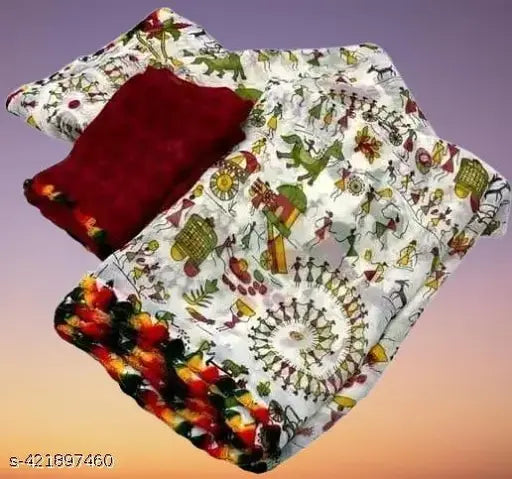 Vibrant Georgette kalamkari animal print saree with colorful samosa lace pattern, India origin