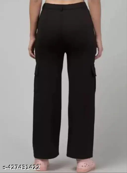 Black women's premium cotton wide-leg cargos with insert pockets - relaxed fit cargo pants in solid black color