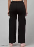Black women's premium cotton wide-leg cargos with insert pockets - relaxed fit cargo pants in solid black color