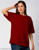Maroon cotton oversize t-shirt for women, solid design, Indian origin