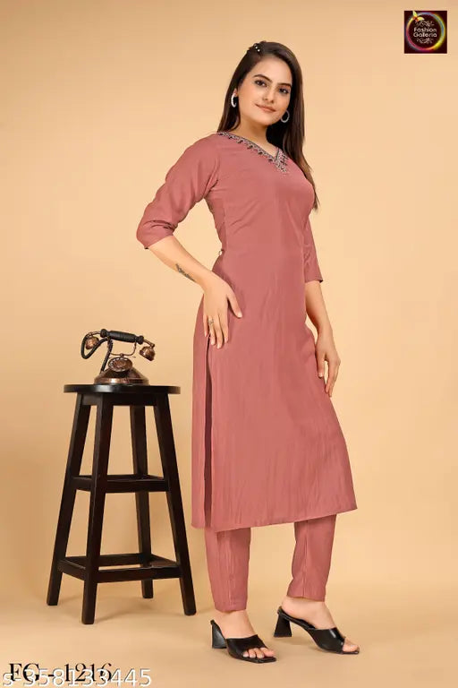 Viscose kurti pant dupatta set with three-quarter sleeves, fancy printed pattern, party wear or casual dress for women. Indian-made with one side pocket and fully stitched dupatta (2.2m). Available in M, L, XL, XXL sizes