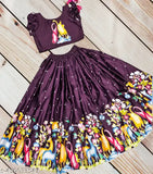 Satin lehenga choli for kids party wear, quirky print design, 5-6 years latest style