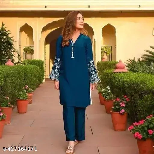 Rayon V-neck Bell Sleeve Kurti Pant Set for Women, solid color, designer embroidered, exclusive Indian origin