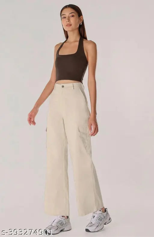 Cream cotton-linen cargo pants, four pockets, high rise, straight fit, stretchable, suitable for casual and formal wear