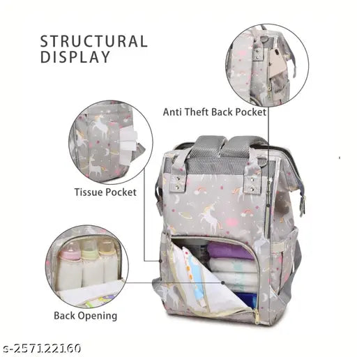 Grey premium mummy bag, waterproof travel diaper backpack with multi-functional design and large capacity. Features 13 pockets, three insulated milk bottle holders, anti-theft back pocket, adjustable straps, and trendy style. Measures 42 cm x 26 cm x 14 cm, weight: 400gms. Hand wipe clean, do not iron or bleach. Country of origin: India