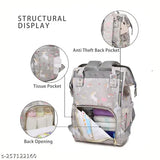 Grey premium mummy bag, waterproof travel diaper backpack with multi-functional design and large capacity. Features 13 pockets, three insulated milk bottle holders, anti-theft back pocket, adjustable straps, and trendy style. Measures 42 cm x 26 cm x 14 cm, weight: 400gms. Hand wipe clean, do not iron or bleach. Country of origin: India