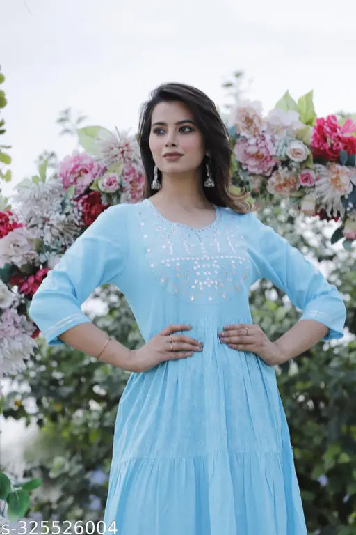 Sky Blue Rayon Embroidery Yoke Tyer Kurti with Gota Lace, Indian festival designer wear