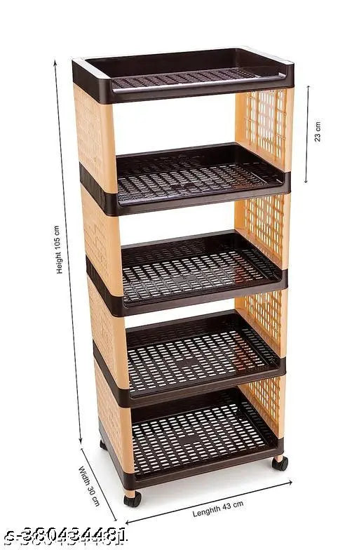 Brown and cream 5-layer plastic storage organizer for kitchen and office, with wheels for easy mobility