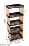 Brown and cream 5-layer plastic storage organizer for kitchen and office, with wheels for easy mobility