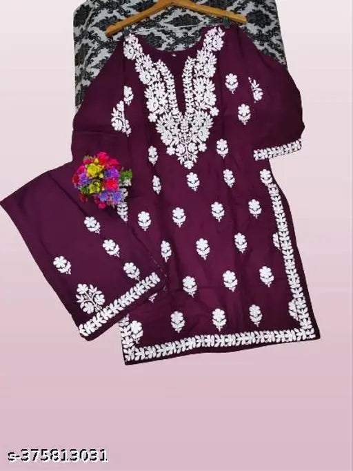 Rayon Slub Chikankari Work Kurti Set with Sharara, printed and patterned, three-quarter sleeves, India origin