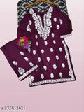 Rayon Slub Chikankari Work Kurti Set with Sharara, printed and patterned, three-quarter sleeves, India origin