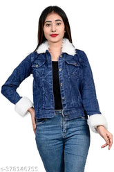 Designer denim jacket, long sleeves, solid pattern, women's ethnic wear under budget. Indian-made, versatile outer layer for stylish ladies