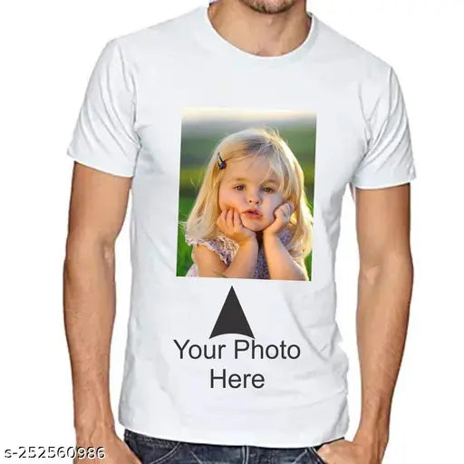 White polycotton half-sleeve men's t-shirt with 'Our 1 Photo' print, ideal for gifting on special occasions