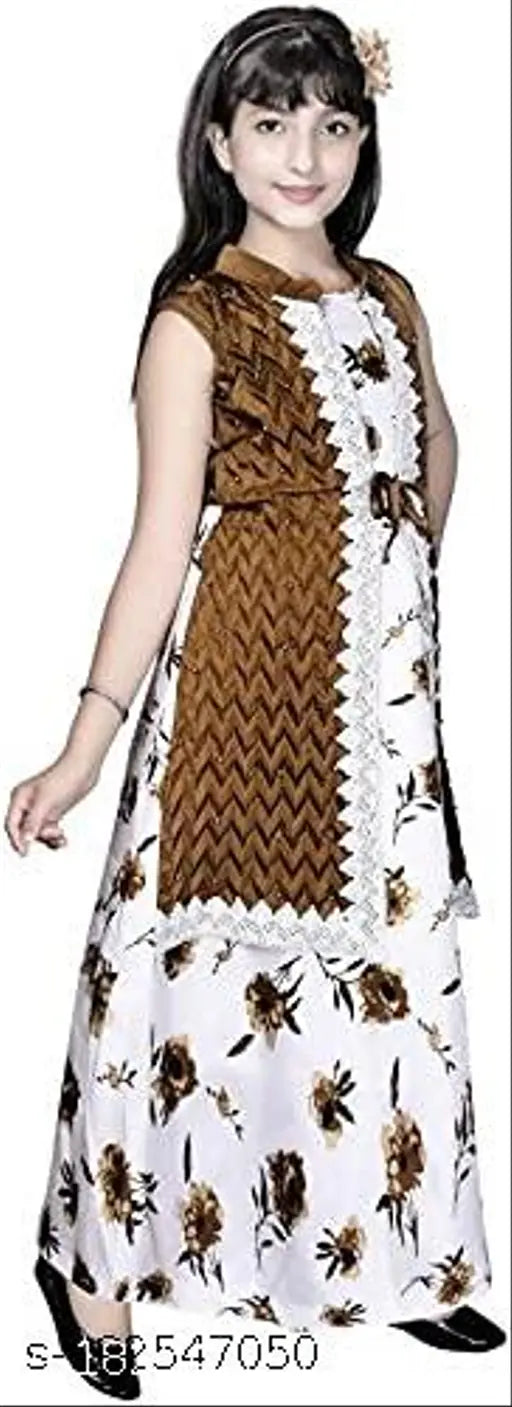 Embellished cotton blend ethnic party gown for kids, silver, sleeveless. Stylish and trendy high low dress with corsage and sheen. Perfect fit for parties, weddings, festivals like Diwali, Navratri, Dussehra, Pongal, Onam, Lohri, Eid, Christmas. Available in sizes 4-5 years to 12-13 years. Made in India