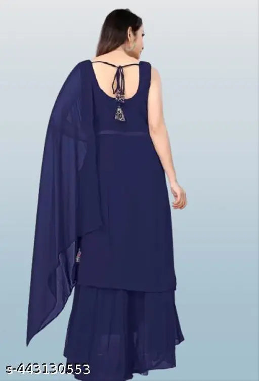 Navy blue embroidered sequin kurta with palazzos dupatta sleeveless traditional party wear for weddings