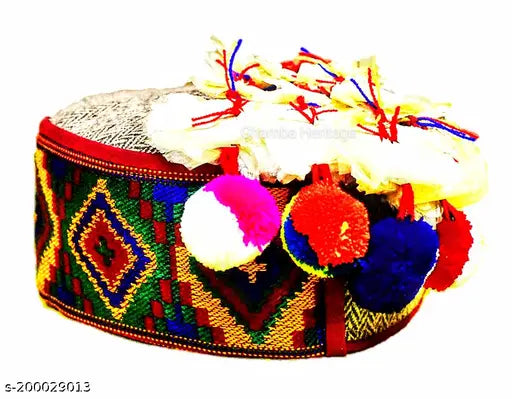 Unisex wool Himachali Kullu Patti Aztec Pattern cap with attachable sacred flower, vibrant traditional colors, comfortable fit for both men and women