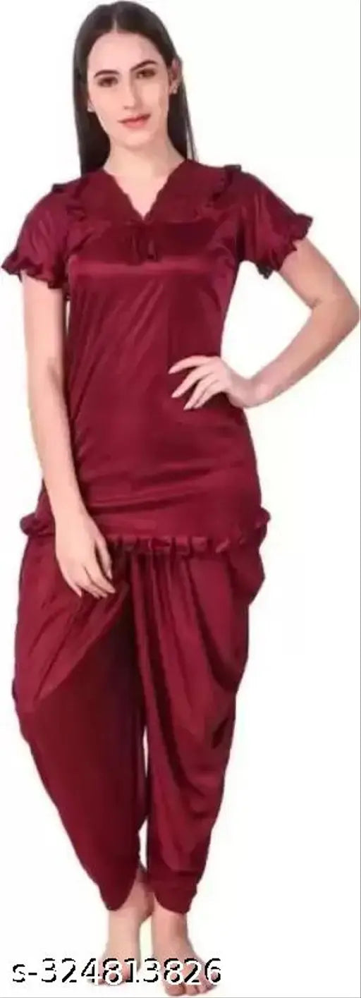Wine silk satin Patiala top & pyjama set for women, featuring v-neck and half sleeves with attractive lace work, made in India